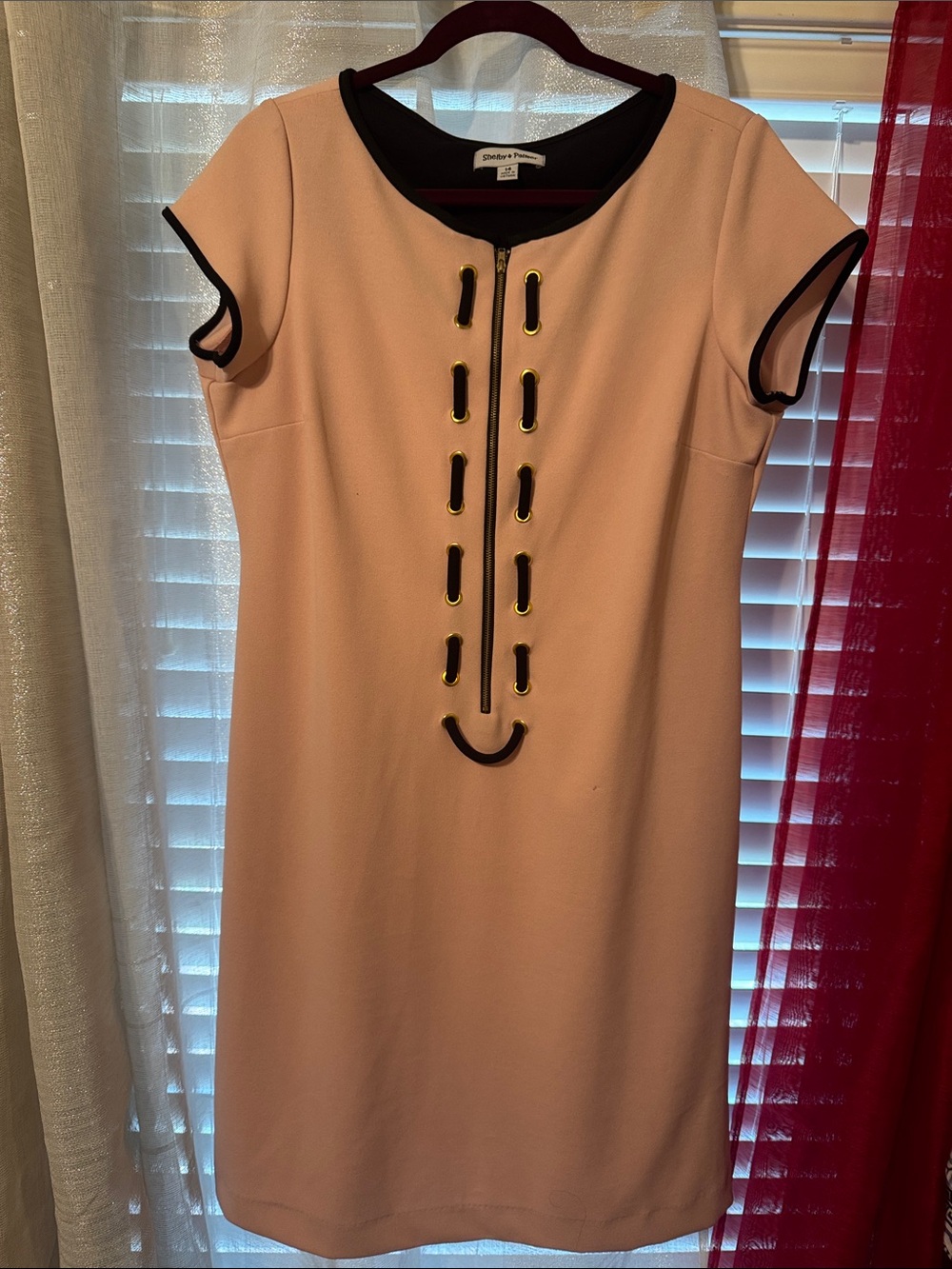 Shelby & Palmer Peach Shift Dress with Black Trim and Gold Eyelets